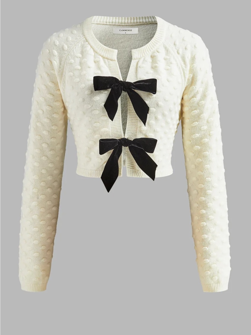 Commense Cream Cropped Pom-Pom Cardigan with Black Velvet Bows